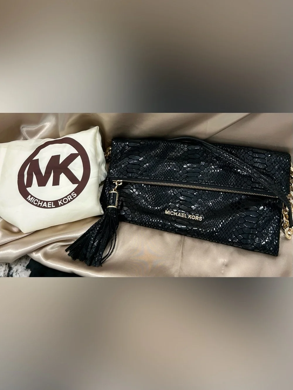 Michael Kors Black Snake-Embossed Tassel Crossbody
